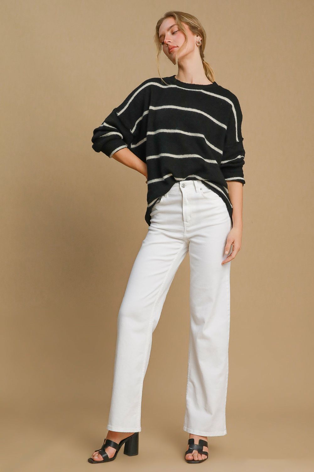 Umgee Wool Blend Striped Round Neck Sweater-Very Besty