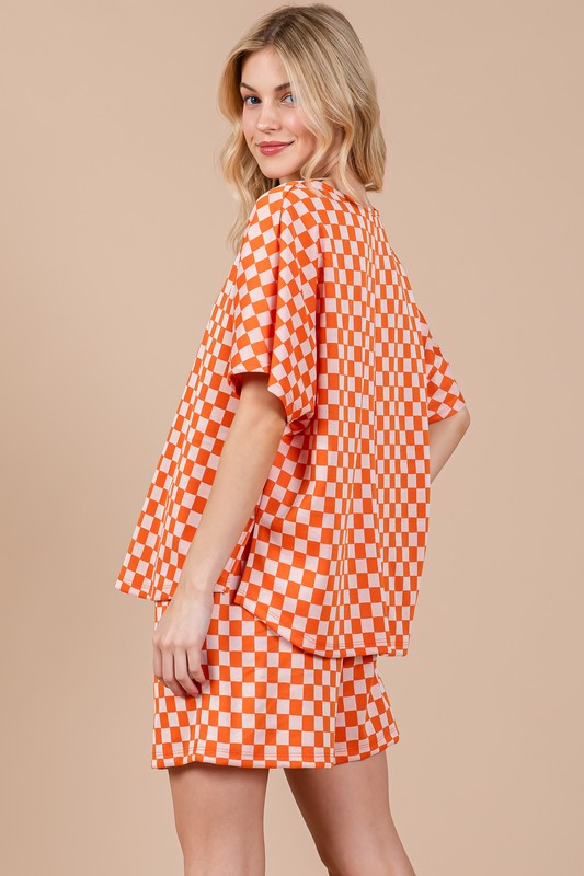 Ces Femme Checkered Round Neck Top and Shorts Set-Very Besty