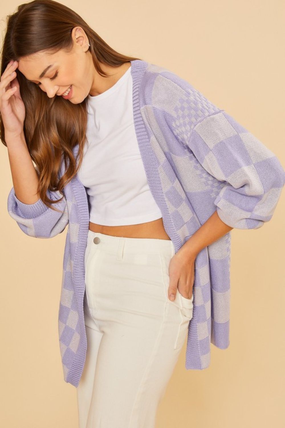 Annie Wear Checkered Open Front Drop Shoulder Cardigan-Very Besty