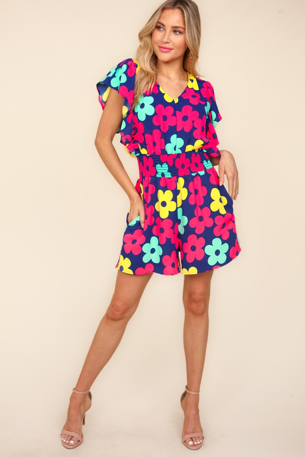 Haptics Floral Smocked Waist Romper with Side Pockets-Very Besty