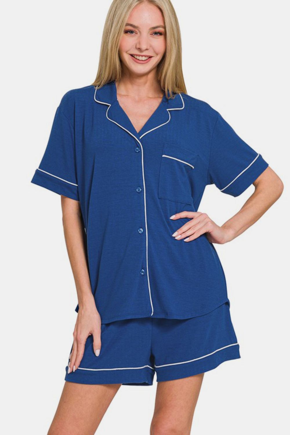Zenana Button Down Short Sleeve Top and Shorts Lounge Set-Very Besty
