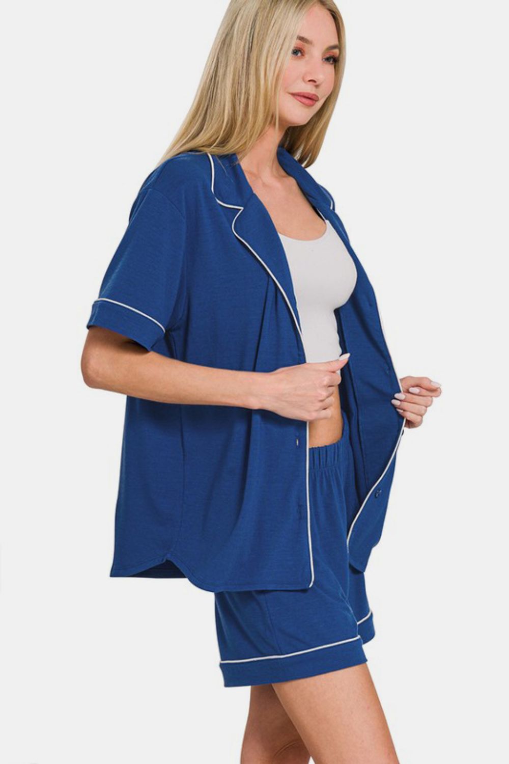 Zenana Button Down Short Sleeve Top and Shorts Lounge Set-Very Besty