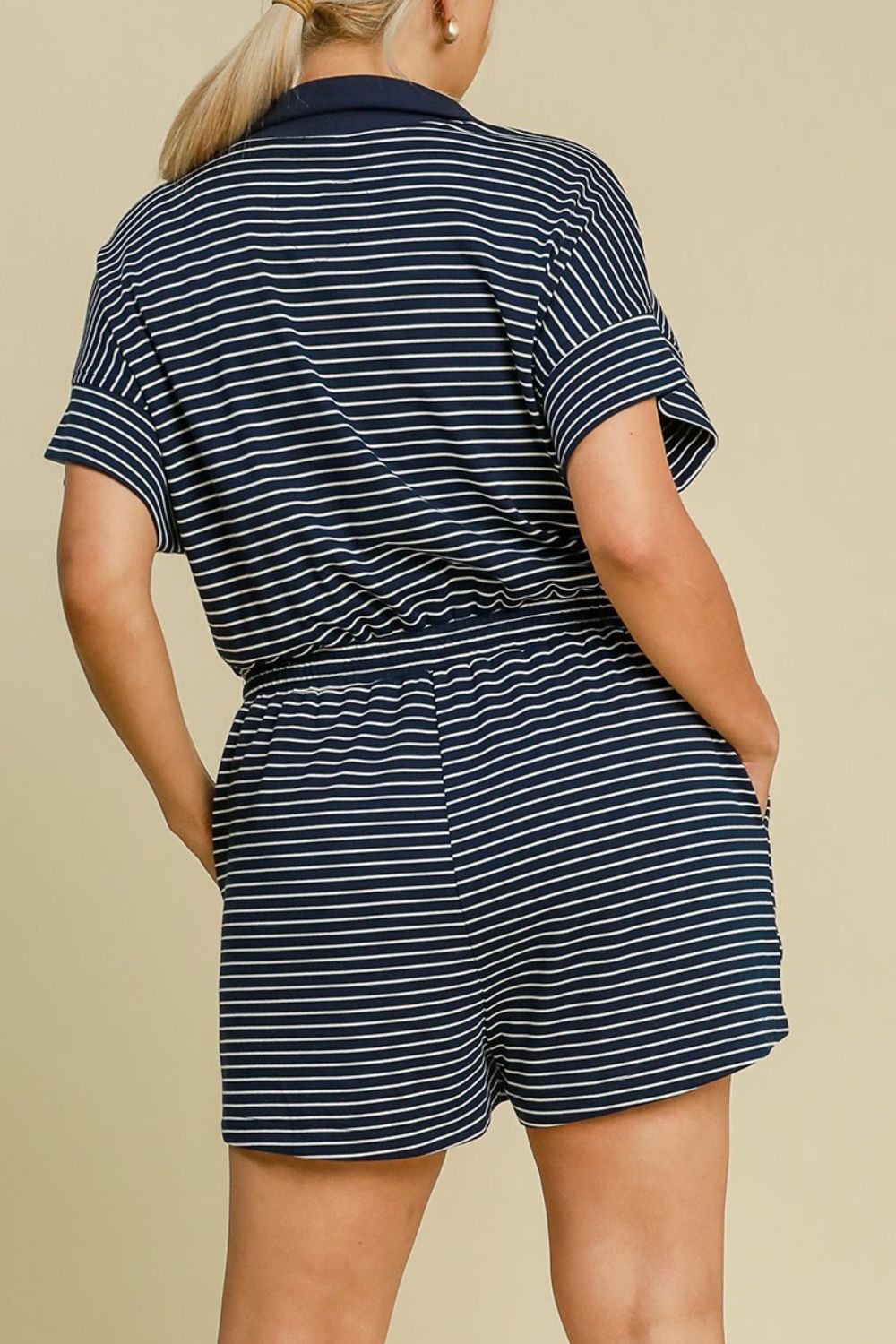 Umgee Full Size Half Zip Striped Romper Plus Size-Very Besty