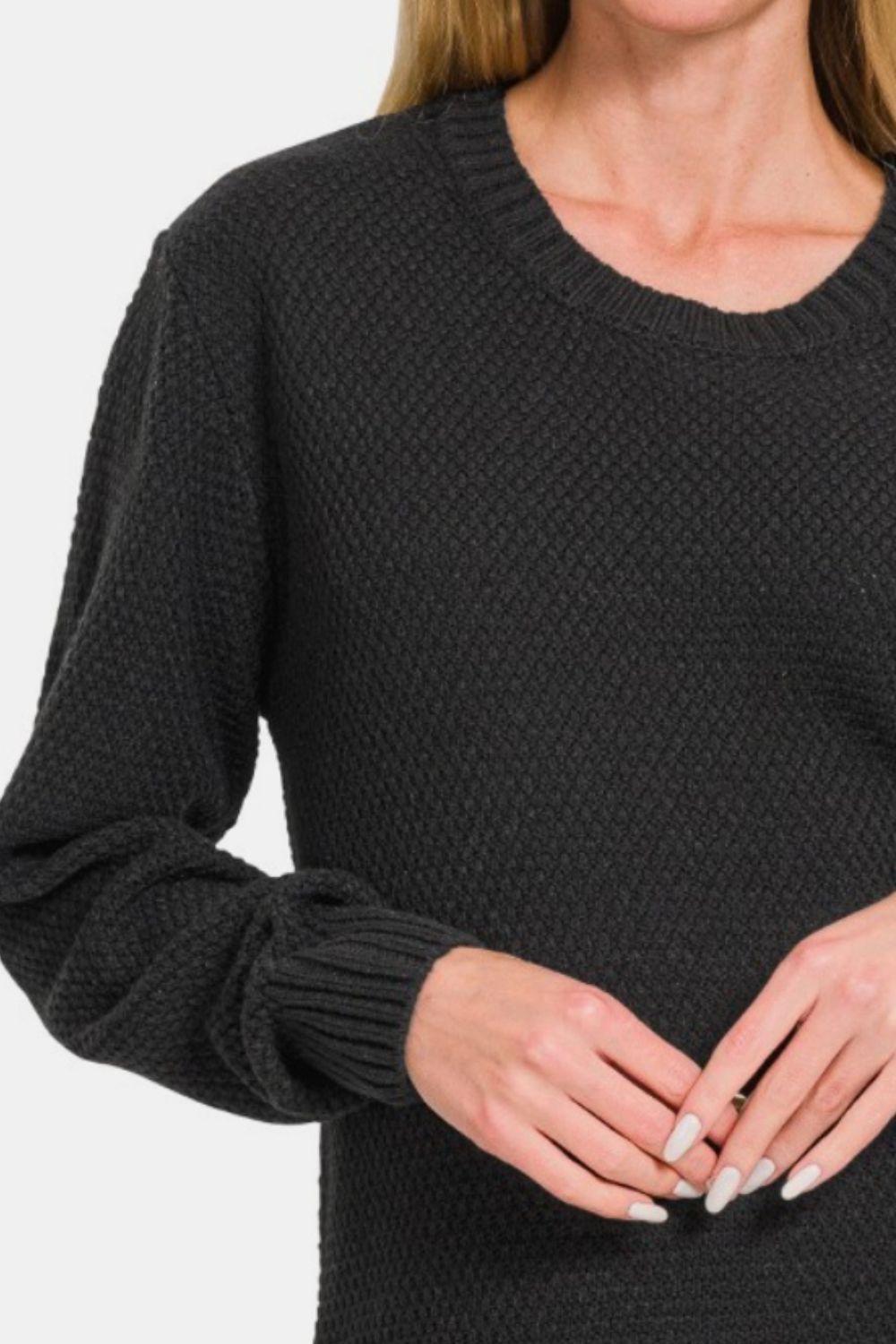 Zenana Full Size Round Neck Long Sleeve Curved Hem Sweater-Very Besty