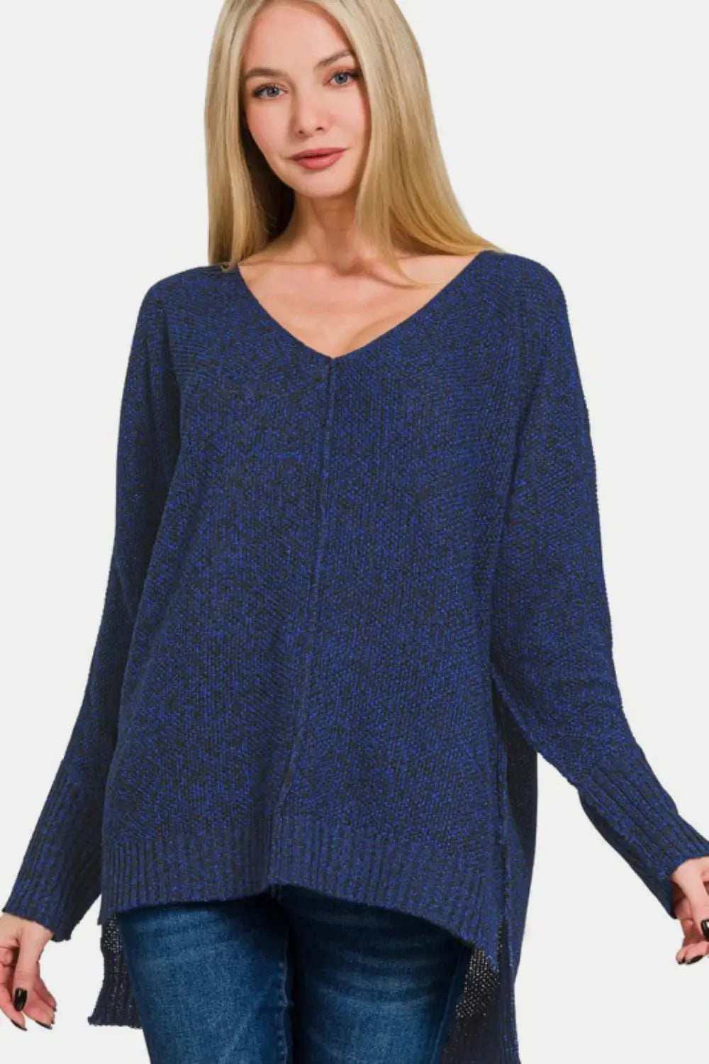 Zenana High-Low Center Seam V-Neck Sweater Trendsi