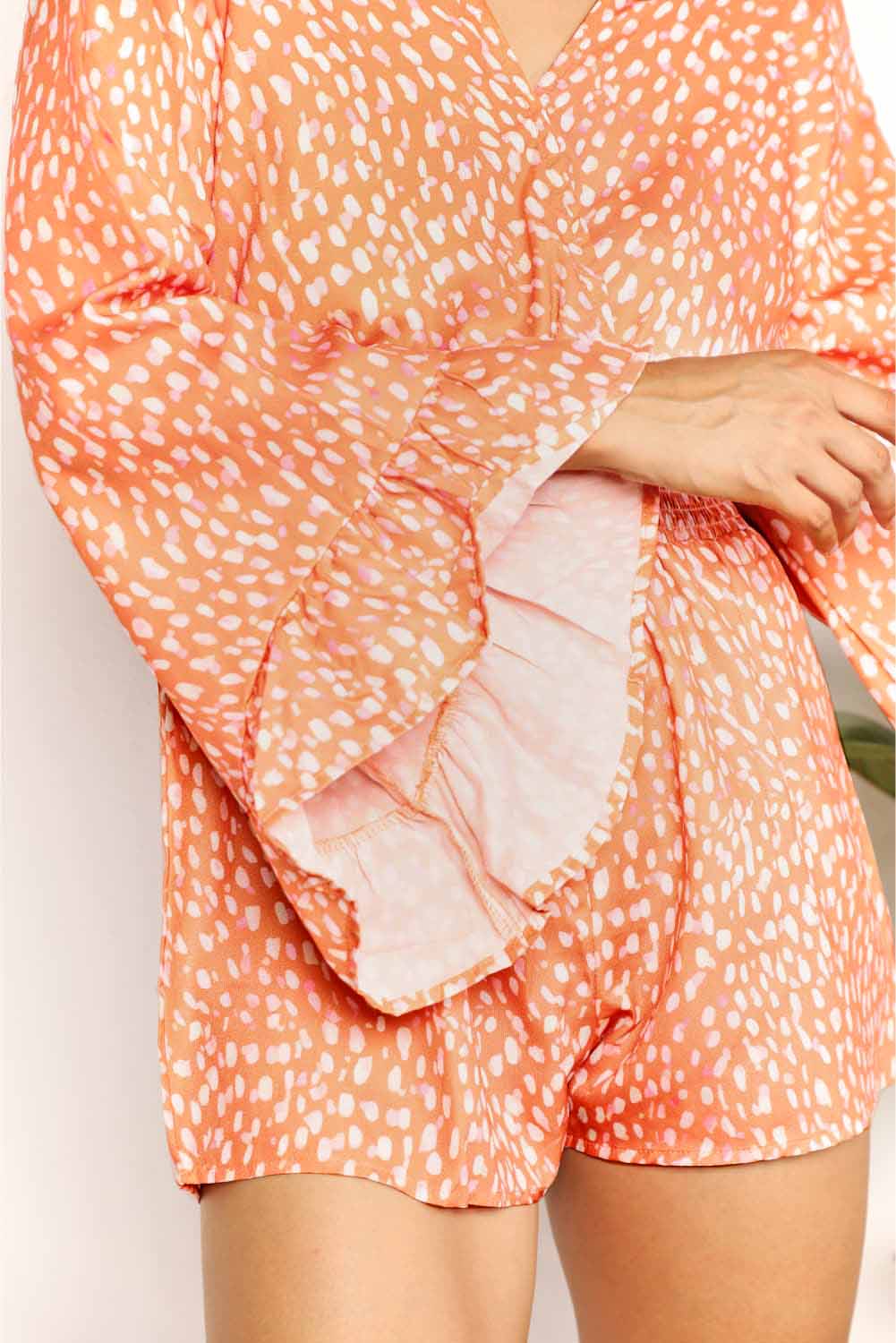 Double Take Printed Flare Sleeve Surplice Romper-Very Besty