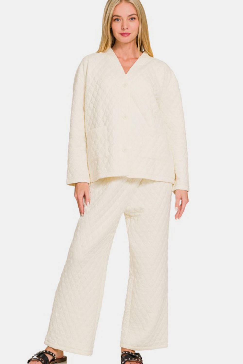 Zenana Quilted Button Up Long Sleeve Top and Pants Lounge Set-Very Besty