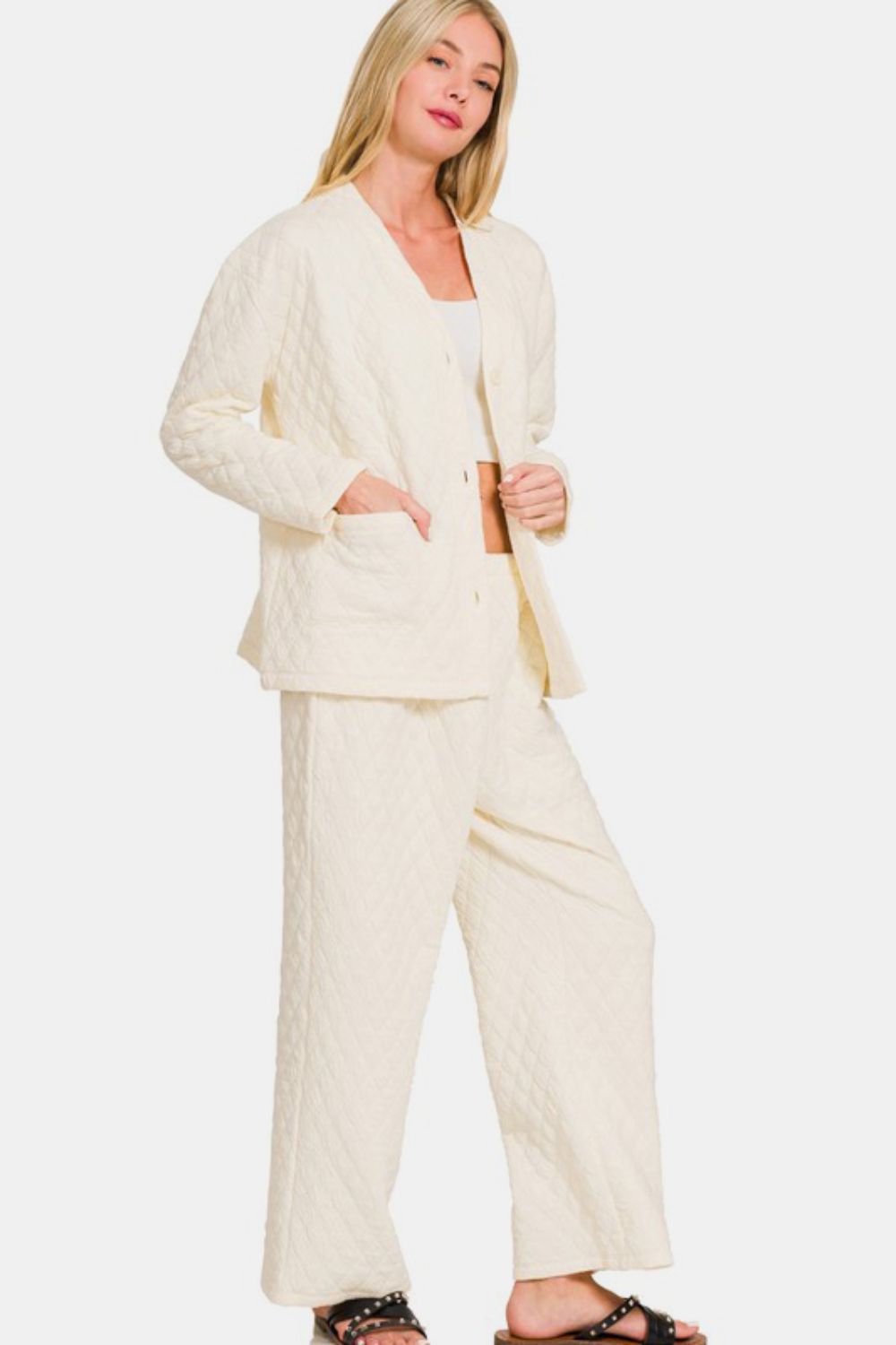 Zenana Quilted Button Up Long Sleeve Top and Pants Lounge Set-Very Besty