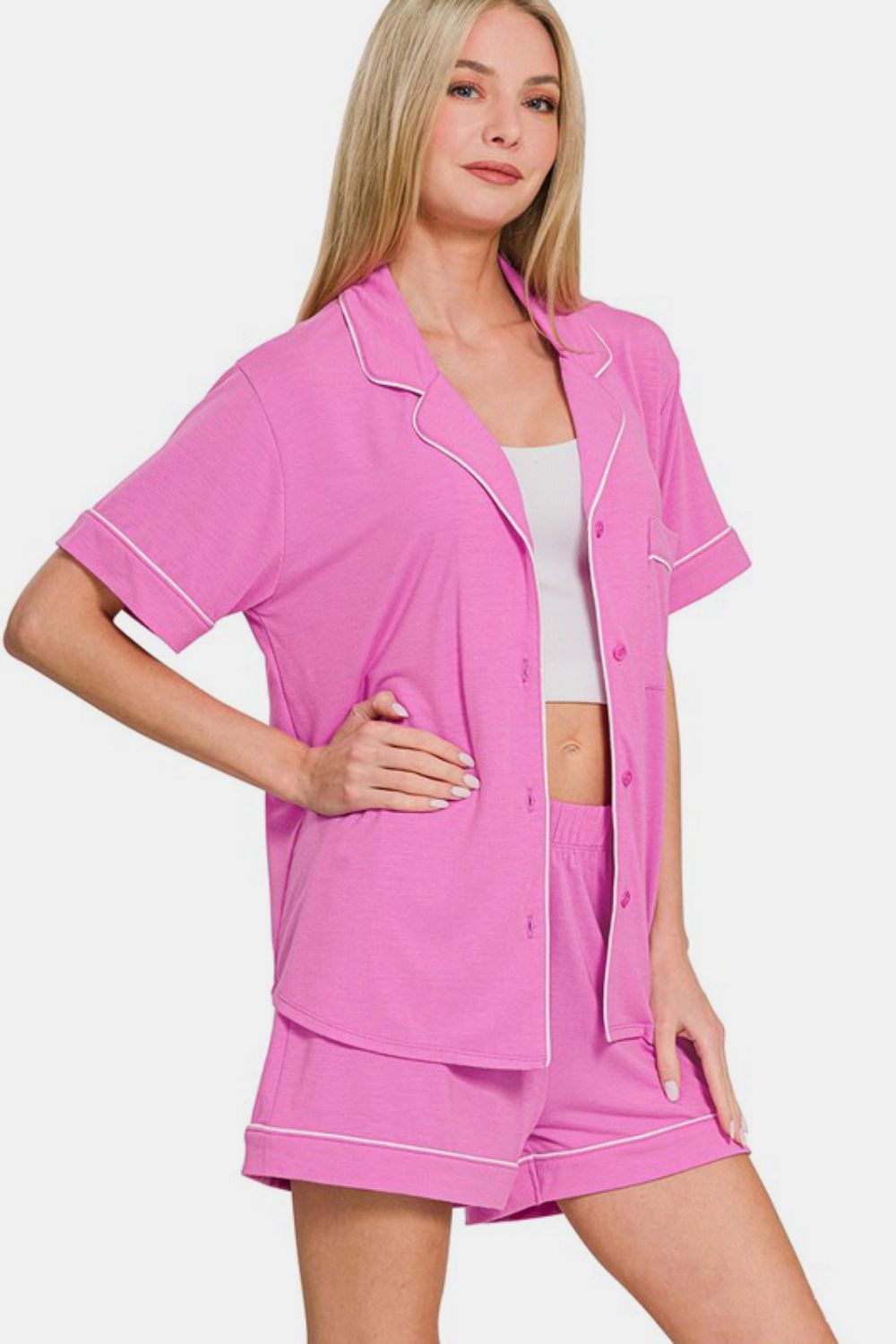 Zenana Button Down Short Sleeve Top and Shorts Lounge Set-Very Besty
