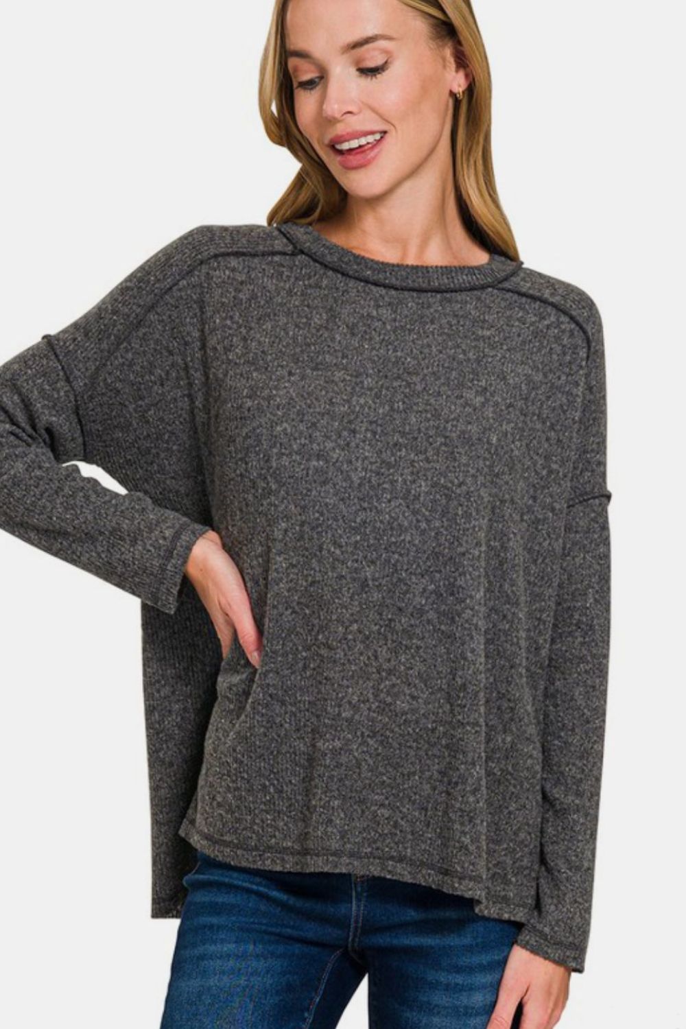 Zenana Full Size Exposed Seam Brushed Round Neck Sweater-Very Besty