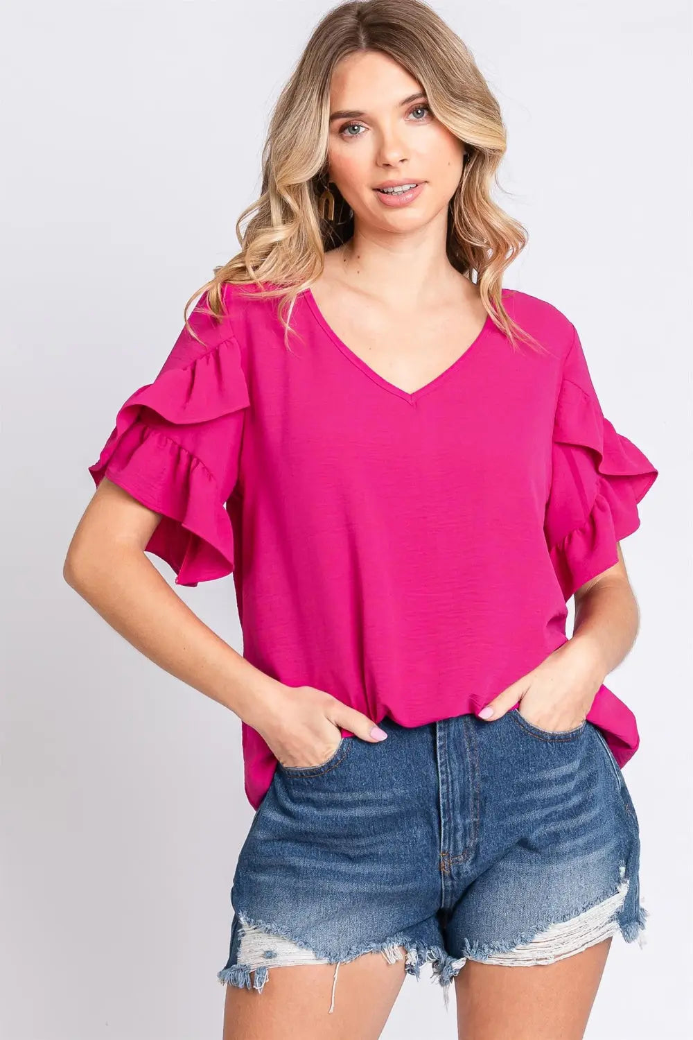 GeeGee V-Neck Ruffle Trim Short Sleeve Blouse-Very Besty