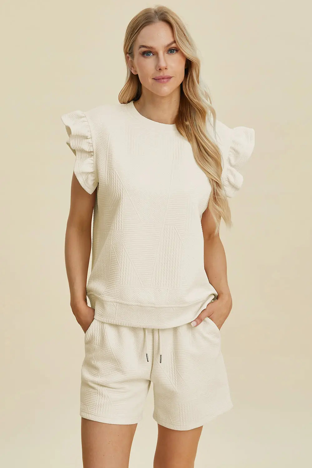 Double Take Full Size Texture Round Neck Ruffle Sleeve Top and Shorts Set-Very Besty
