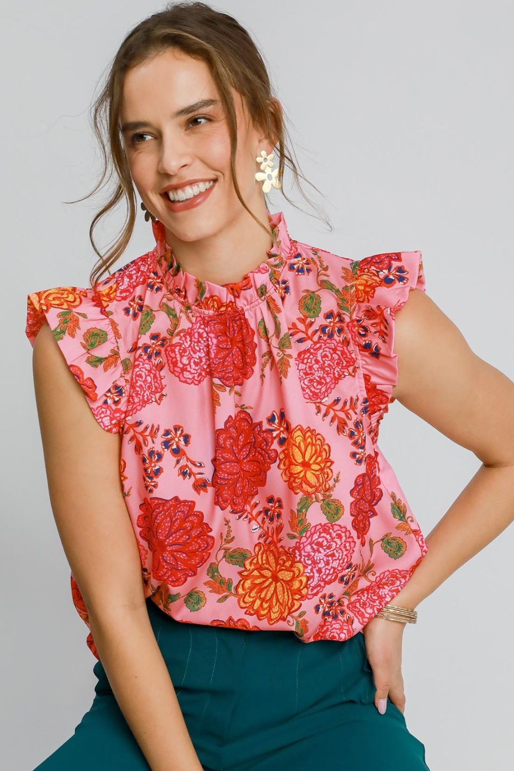 Umgee Full Size Floral Print Ruffled Cap Sleeve Blouse Plus Size-Very Besty