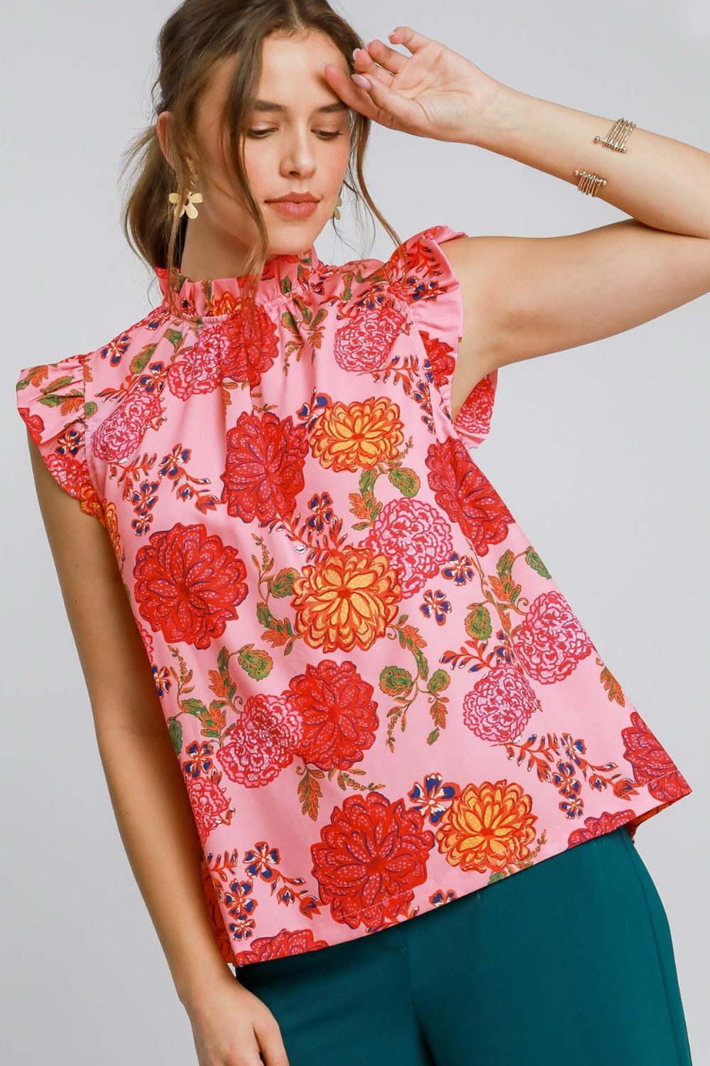 Umgee Full Size Floral Print Ruffled Cap Sleeve Blouse Plus Size-Very Besty