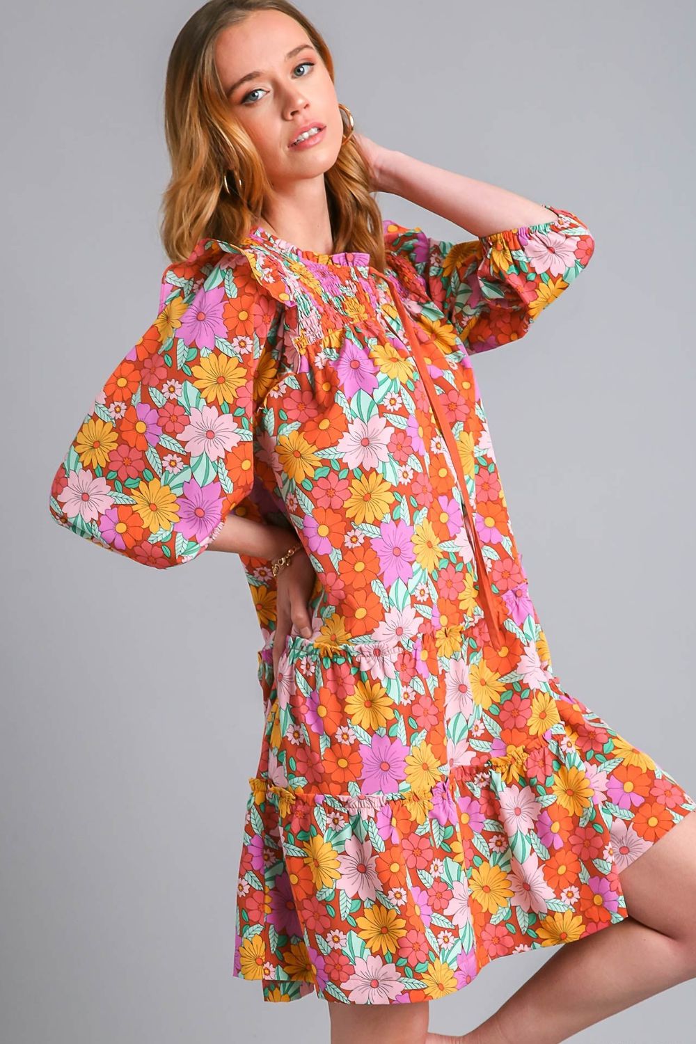 Umgee Full Size Ruffled Flower Print Tie Neck Tiered Dress Plus Size-Very Besty