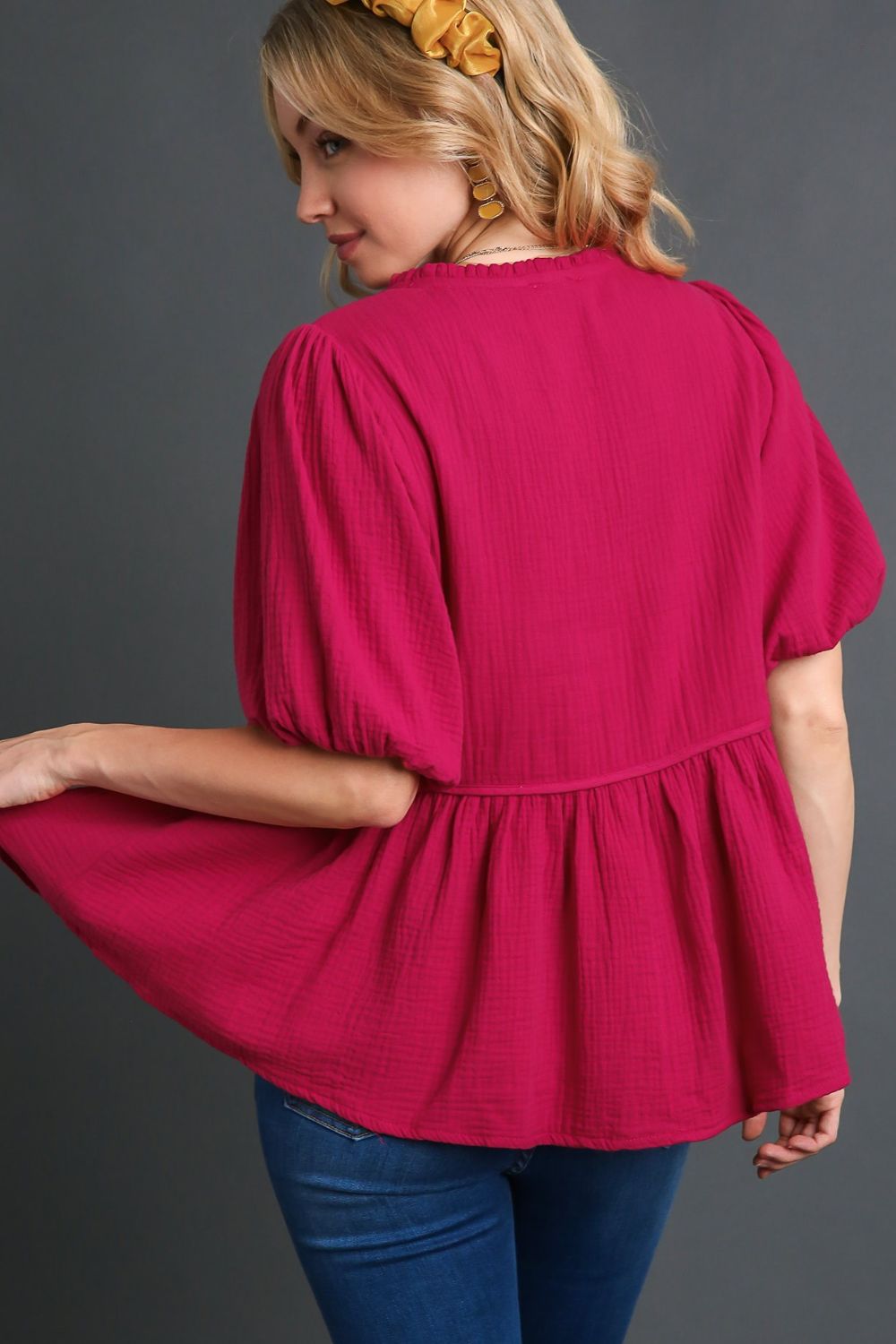 Umgee Full Size Cotton Gauze Floral Embroidery Babydoll Blouse Plus Size-Very Besty