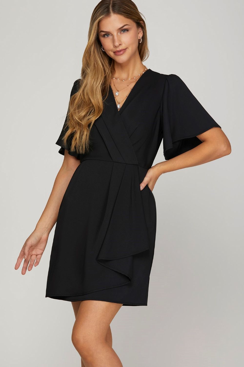 She + Sky Ruffled Surplice Short Flutter Sleeve Mini Dress-Very Besty