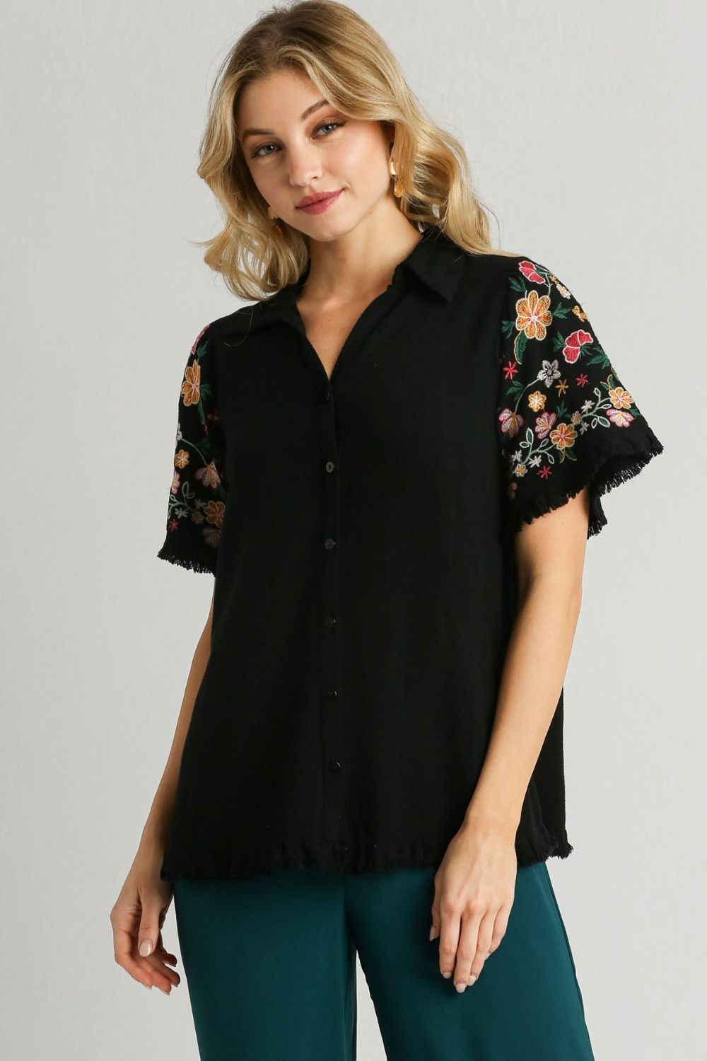 Umgee Full Size Linen Shirt with Embroidered Sleeves Plus Size-Very Besty