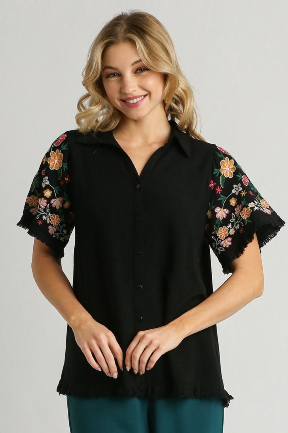 Umgee Full Size Linen Shirt with Embroidered Sleeves Plus Size-Very Besty