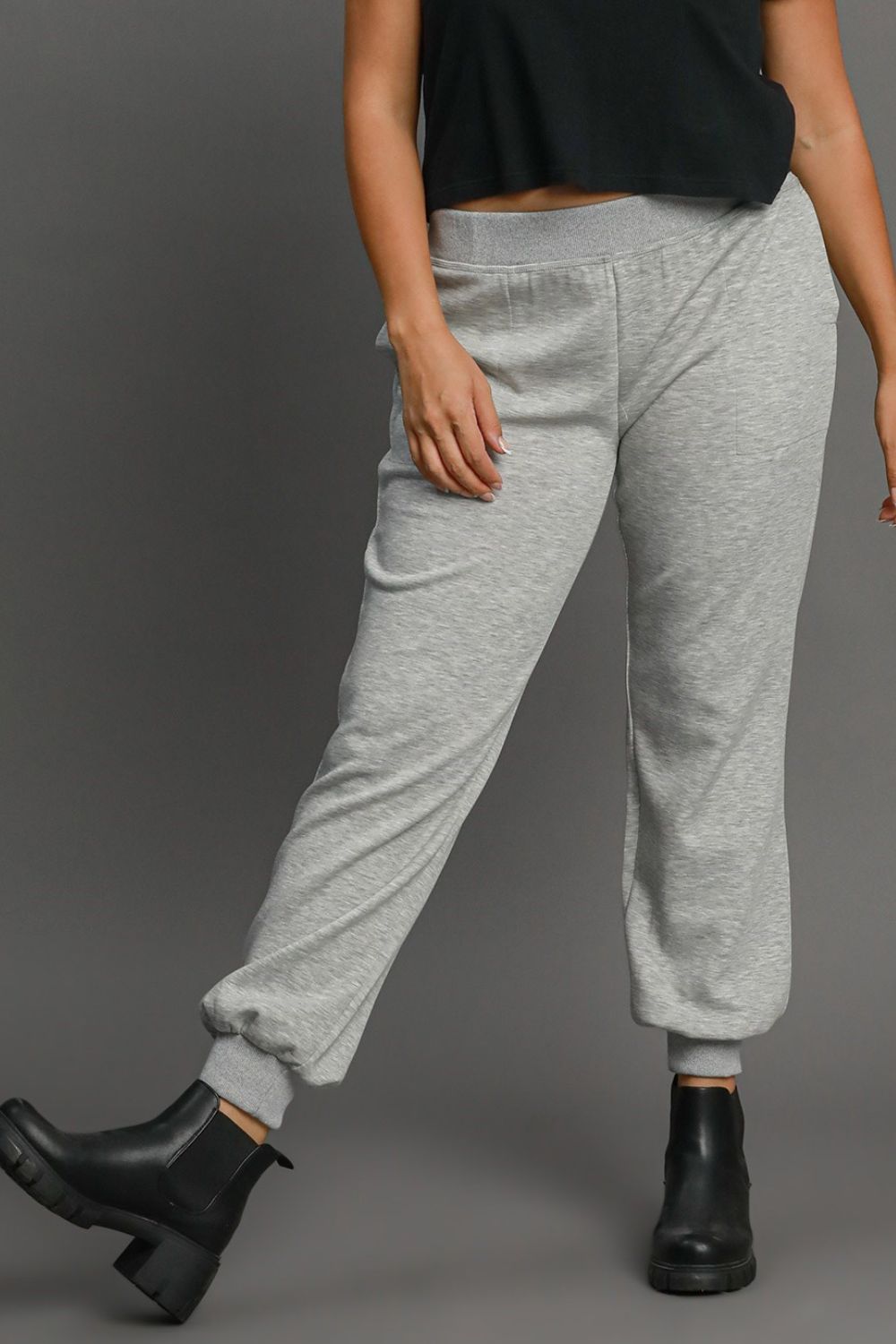 Umgee Full Size High Rise Elastic Waist Knit Joggers with Pockets Plus Size-Very Besty