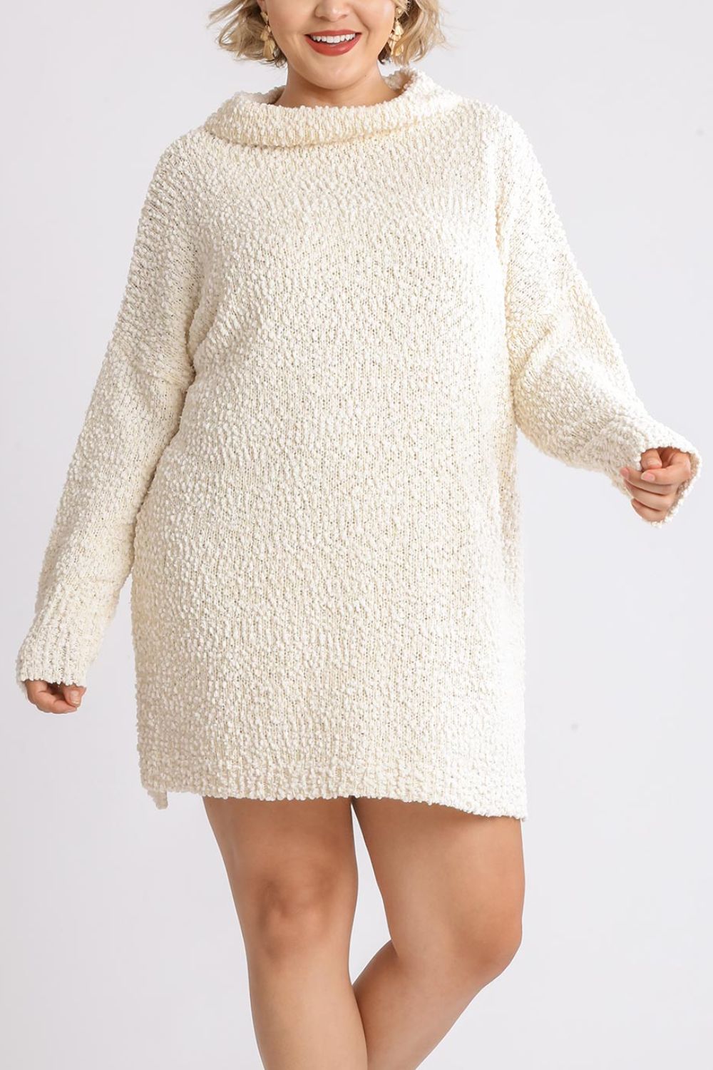 Umgee Full Size High Low Long Sleeve Boucle Sweater Dress Plus Size-Very Besty