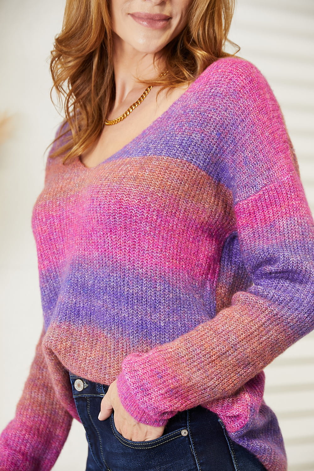 Angel Wings Multicolored Rib-Knit V-Neck Knit Pullover-Very Besty