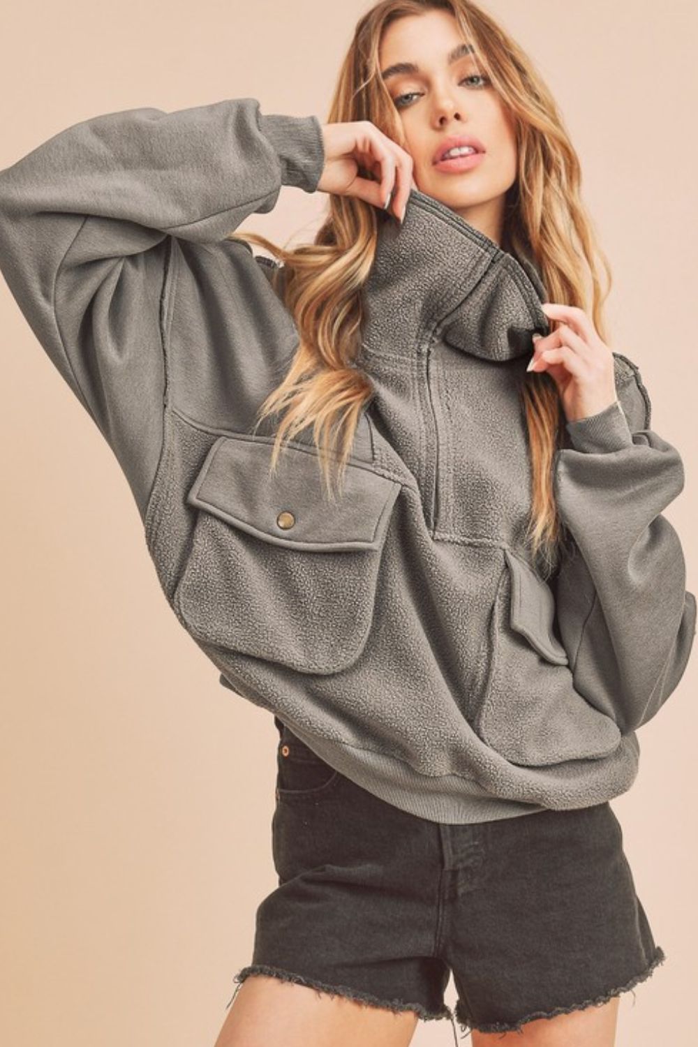 Aemi + Co Exposed Seam Half Zip Sweatshirt with Pockets-Very Besty