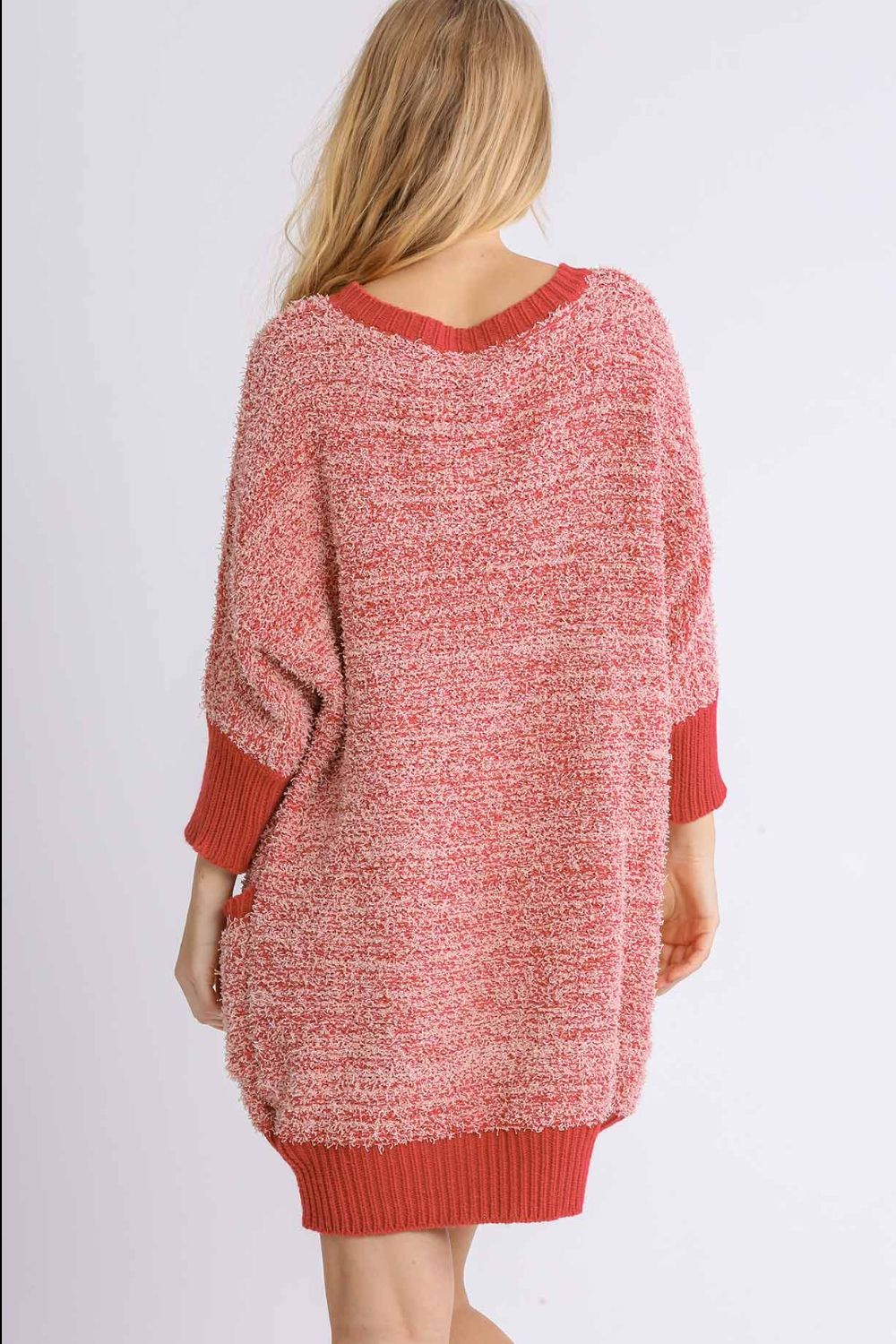 Umgee Full Size Ribbed Hem Round Neck 3/4 Sleeve Sweater Dress with Pockets Plus Size-Very Besty