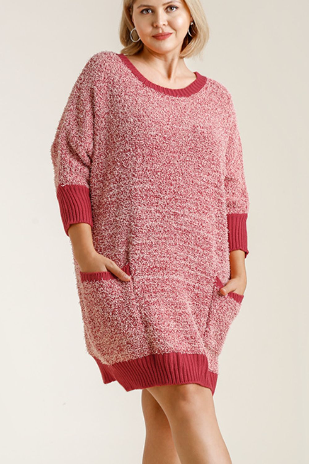 Umgee Full Size Ribbed Hem Round Neck 3/4 Sleeve Sweater Dress with Pockets Plus Size-Very Besty