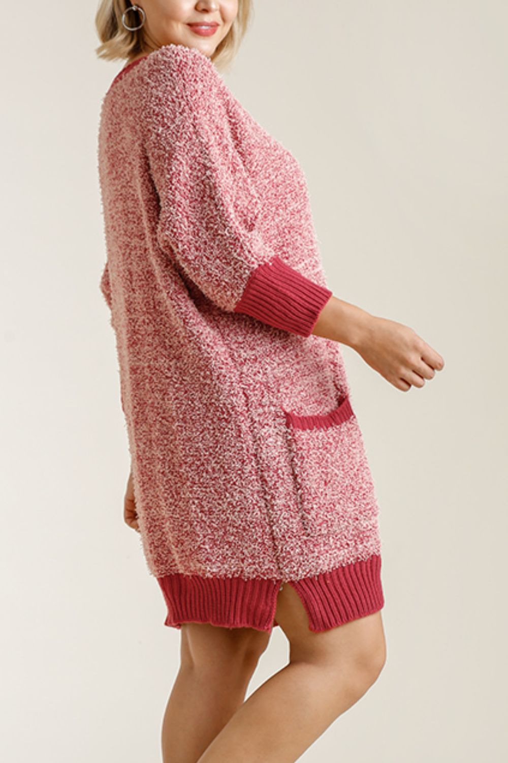 Umgee Full Size Ribbed Hem Round Neck 3/4 Sleeve Sweater Dress with Pockets Plus Size-Very Besty