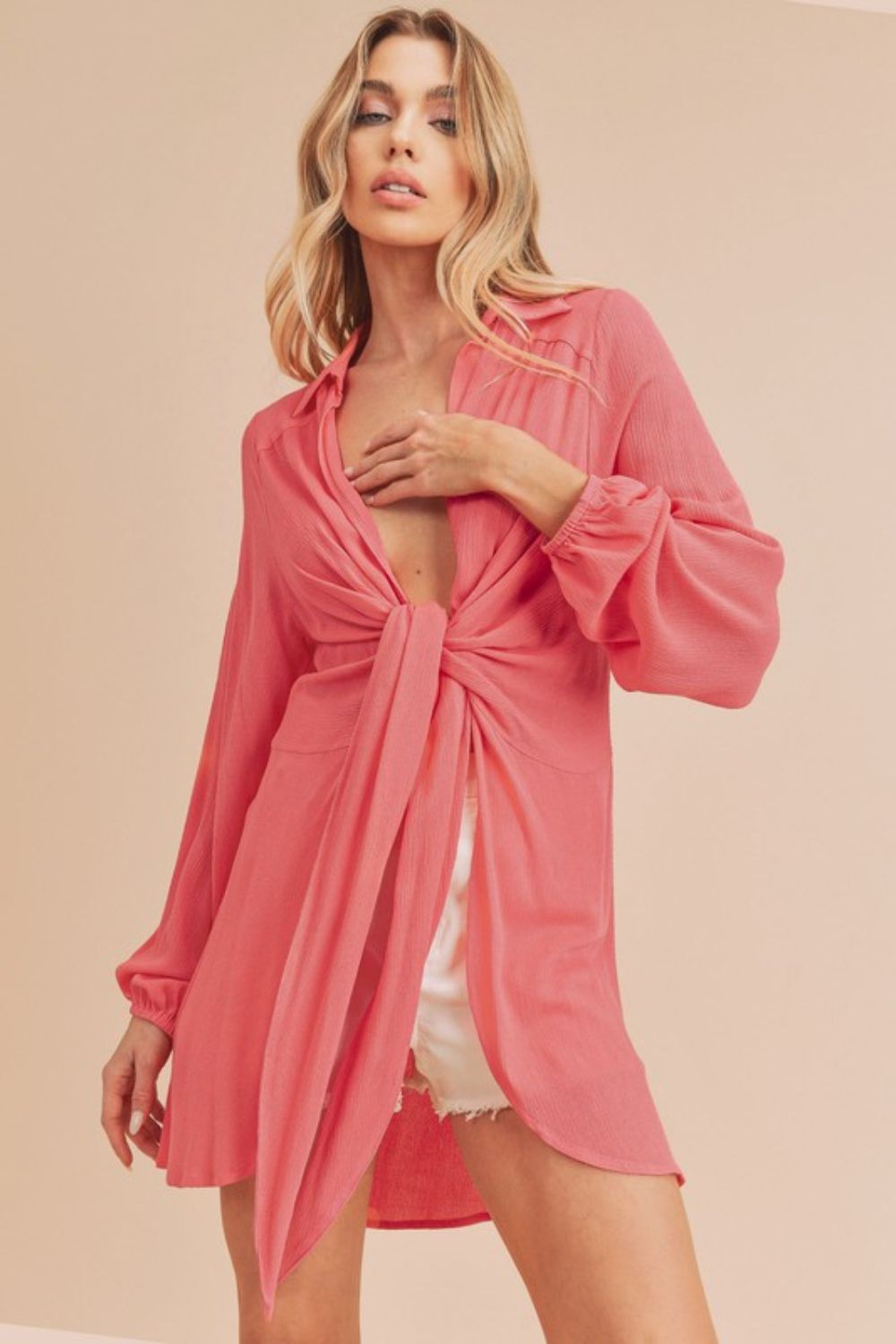 Aemi + Co Tied Collared Neck Long Sleeve Top-Very Besty