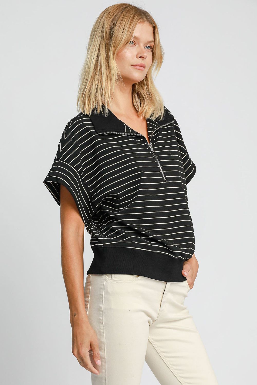 Umgee Striped Half Zip Short Sleeve Sweatshirt-Very Besty