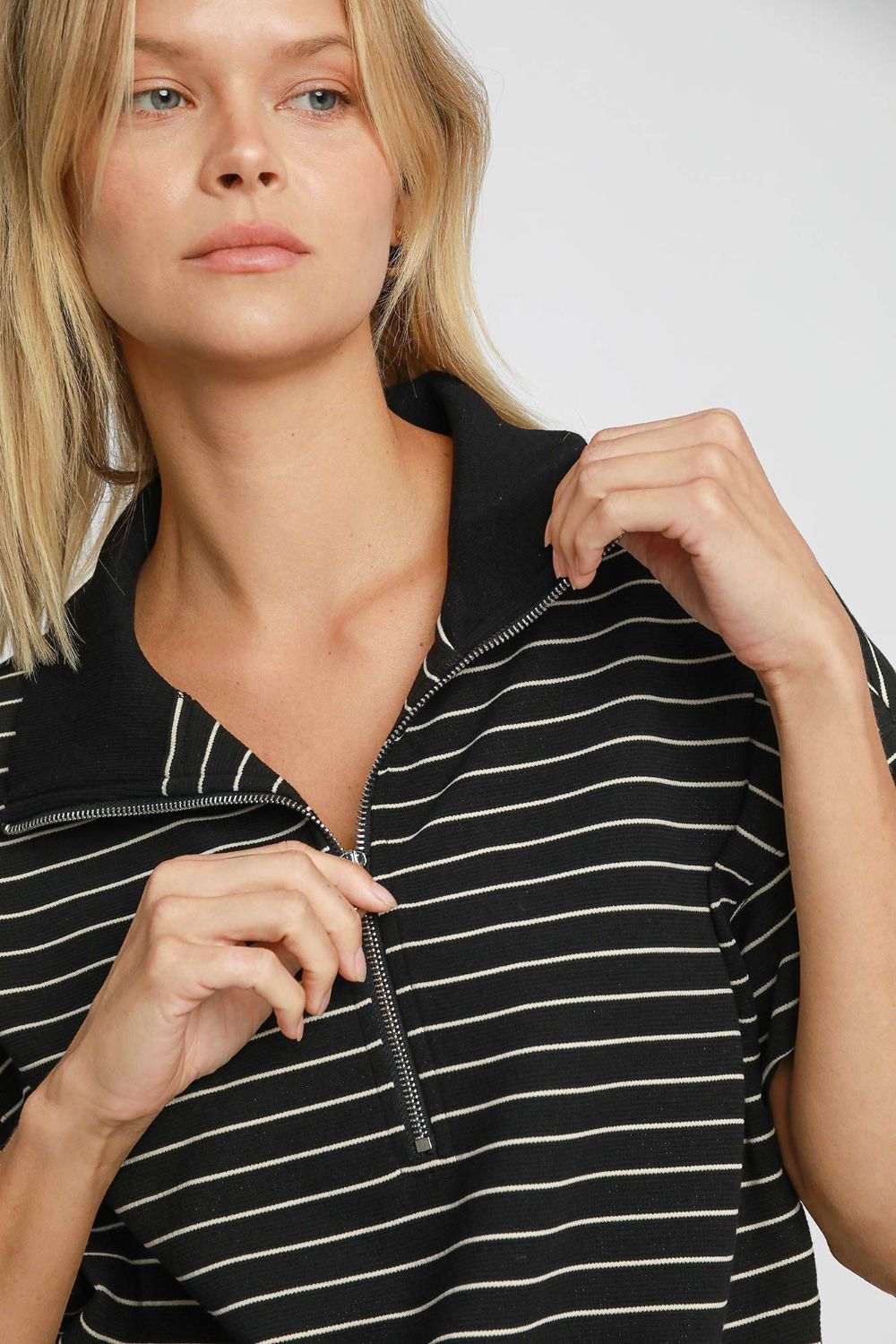 Umgee Striped Half Zip Short Sleeve Sweatshirt-Very Besty