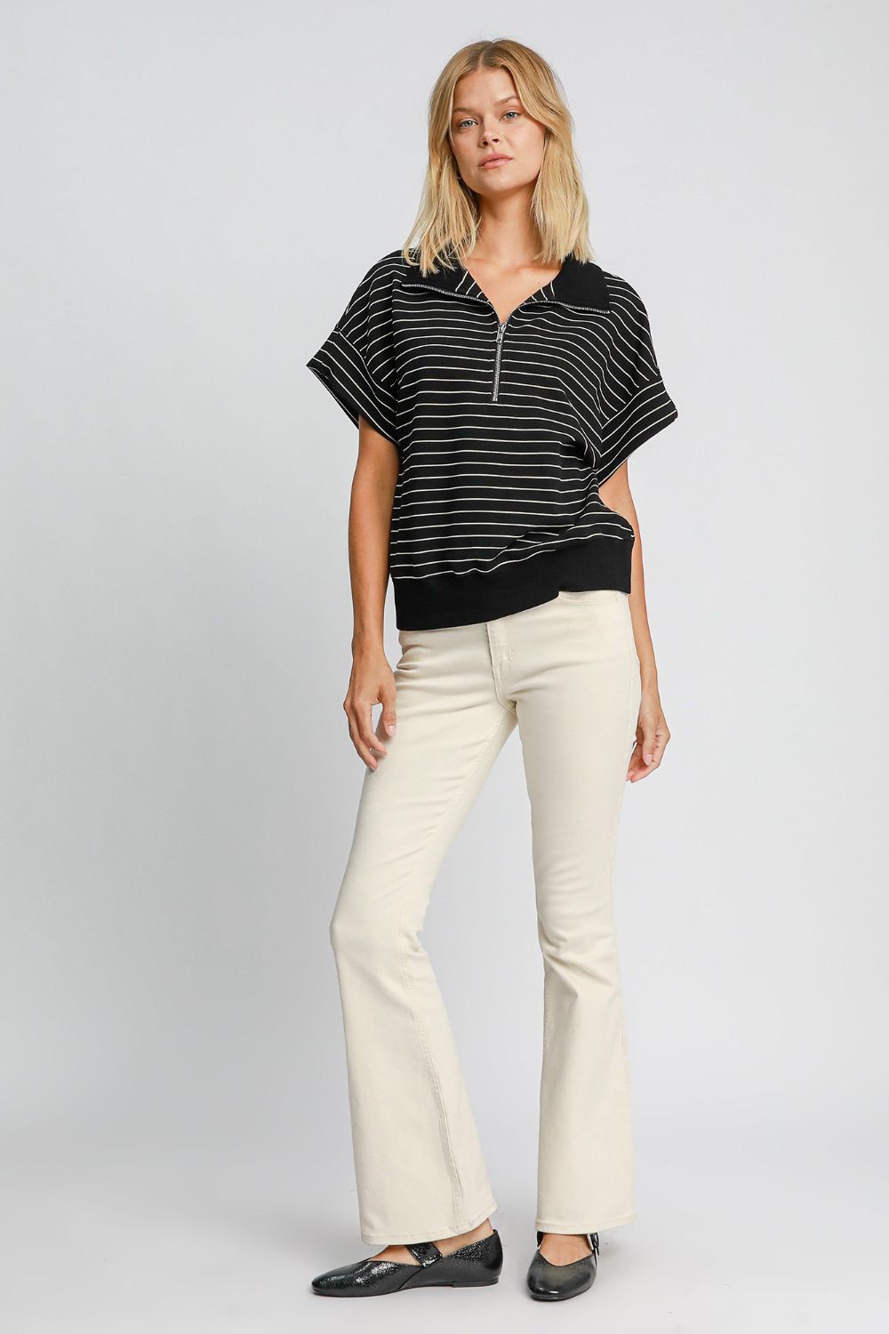 Umgee Striped Half Zip Short Sleeve Sweatshirt-Very Besty