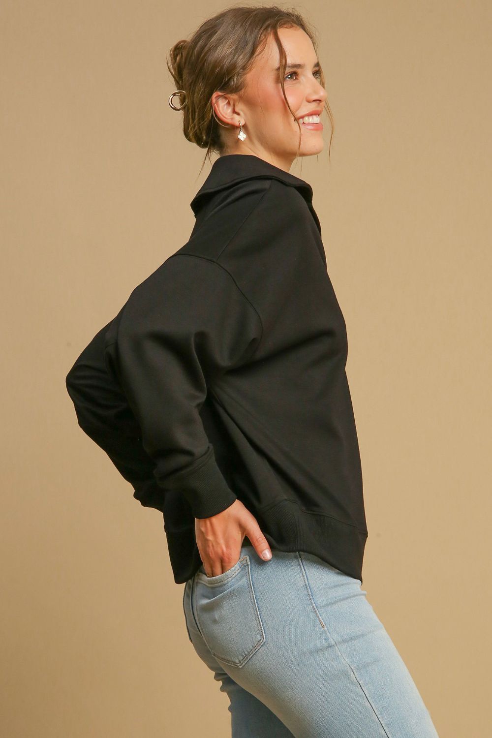 Umgee Johnny Collar Dropped Shoulder Sweatshirt-Very Besty