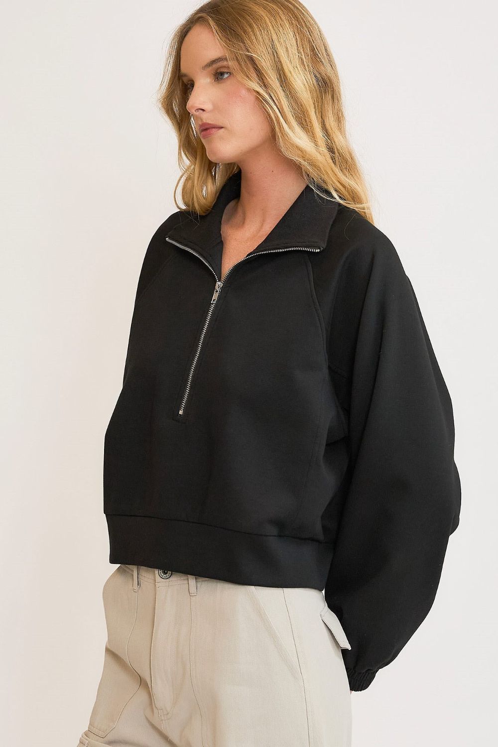 Umgee Full Size Half Zip Cropped Sweatshirt Plus Size-Very Besty
