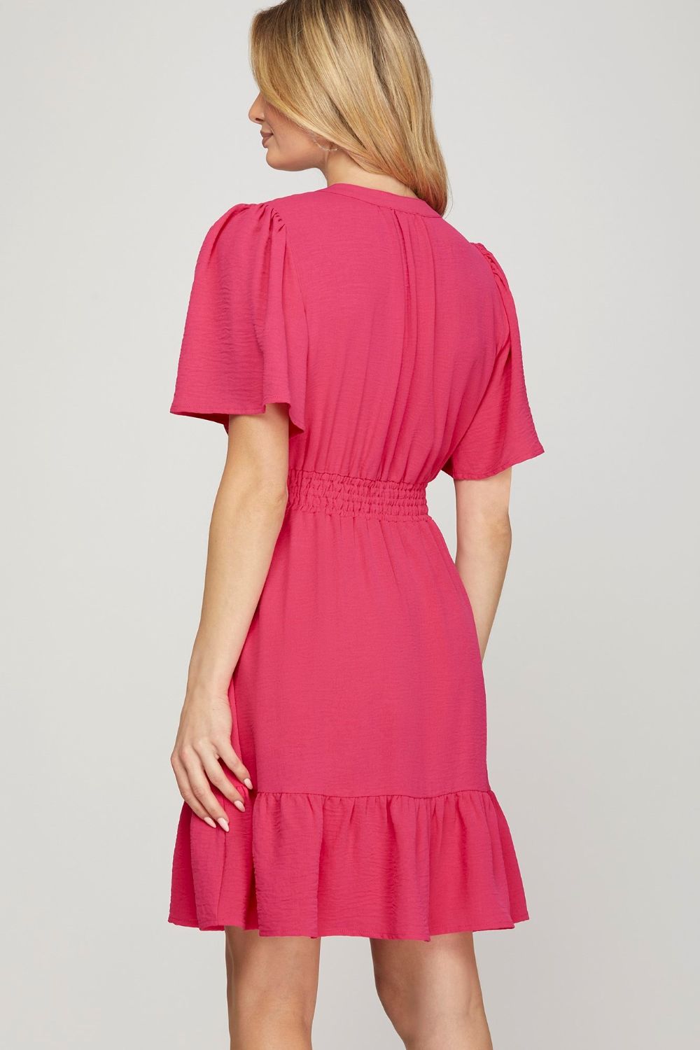 She + Sky Ruffled Hem Notched Flutter Sleeve Mini Dress-Very Besty