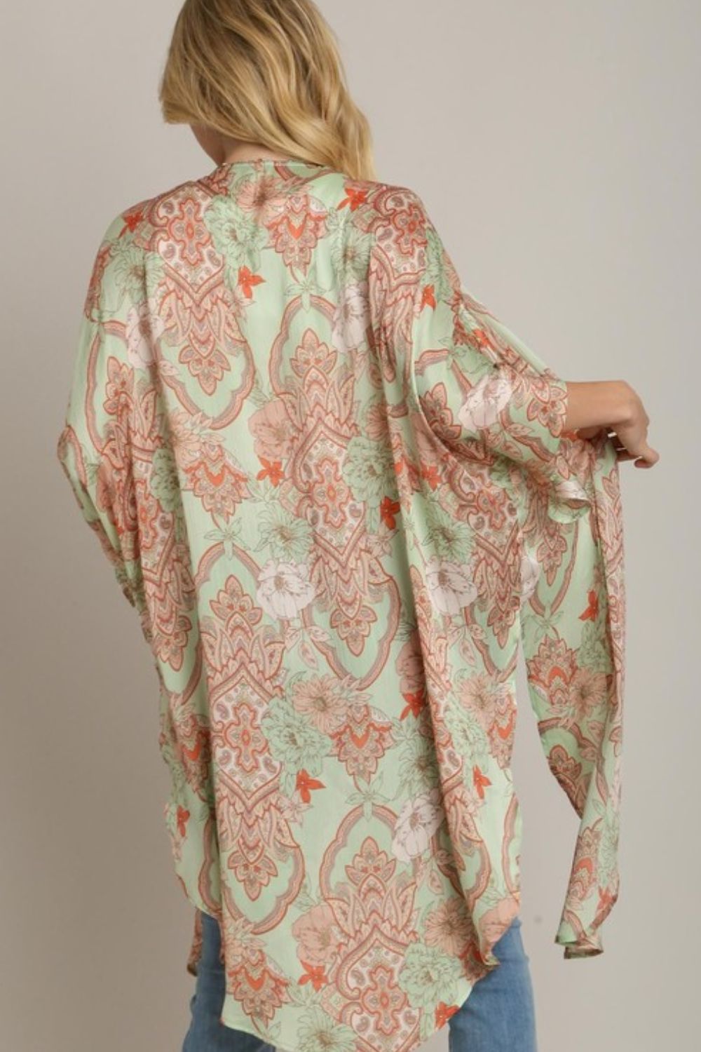 Umgee Full Size Mixed Print Open Front Kimono with Ruffle Sleeves Plus Size-Very Besty