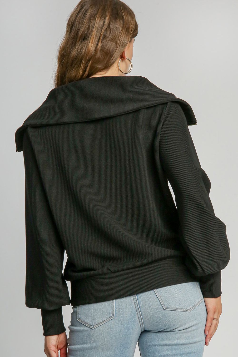 Umgee Full Size Ribbed Knit Half Zipper Sweatshirt Plus Size-Very Besty