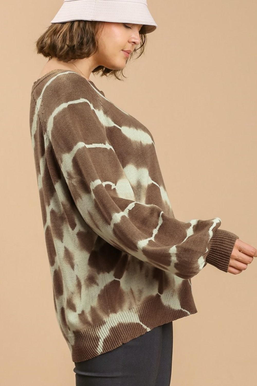 Umgee Full Size Ribbed Hem Tie Dye Round Neck Sweater Plus Size-Very Besty