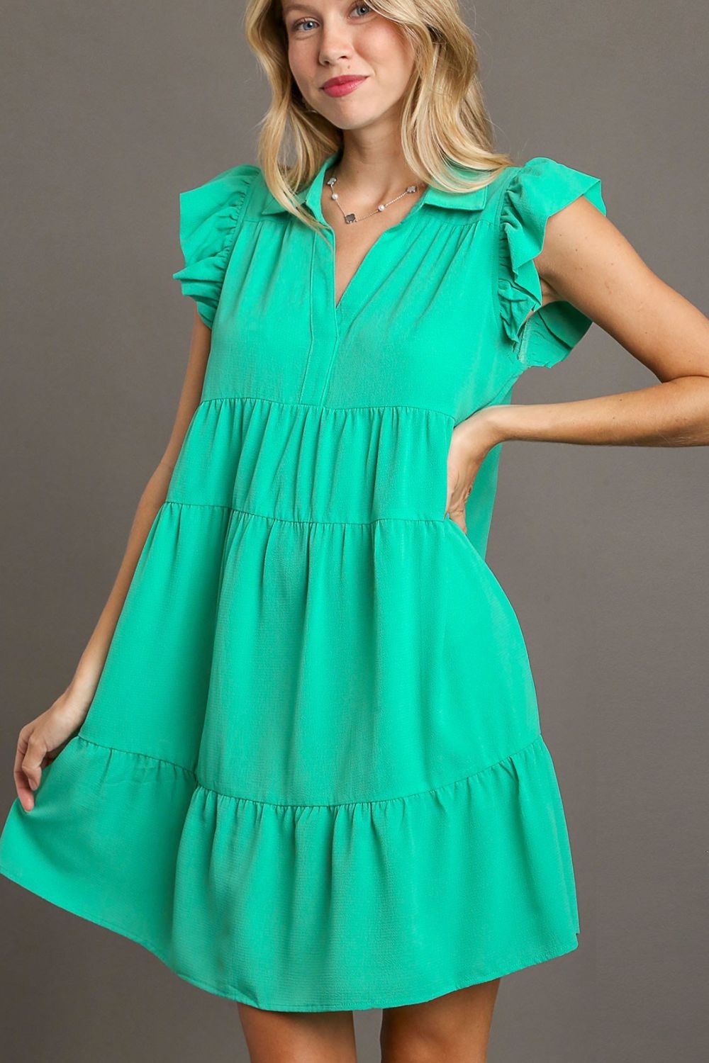Umgee Full Size Johnny Collar Ruffle Cap Sleeve Tiered Dress Plus Size-Very Besty