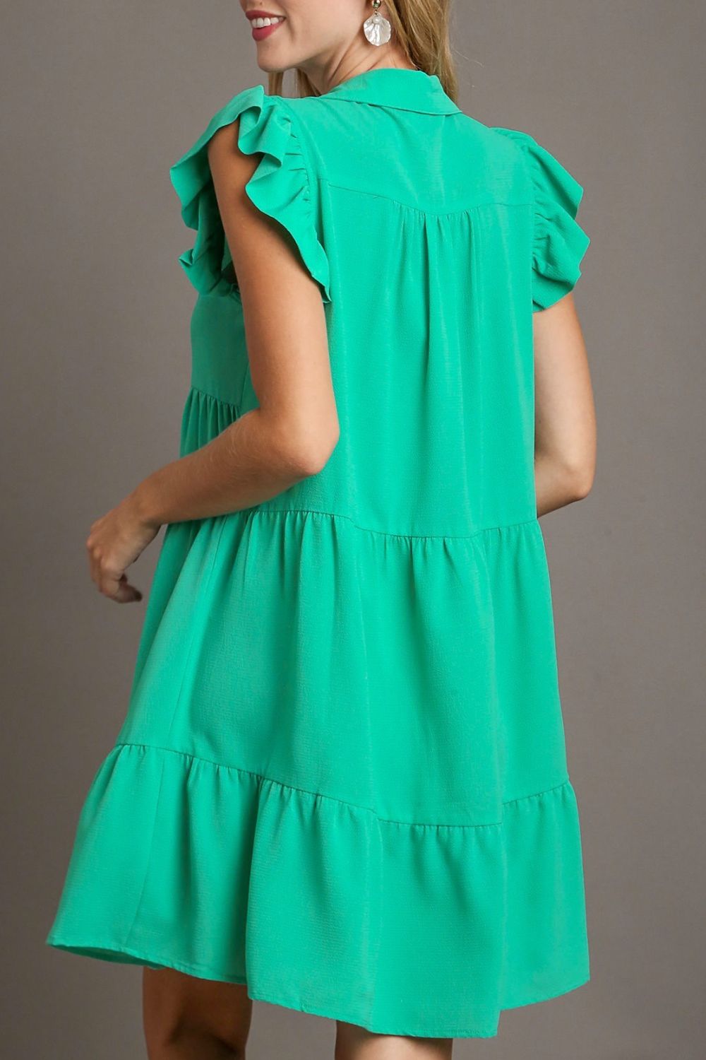 Umgee Full Size Johnny Collar Ruffle Cap Sleeve Tiered Dress Plus Size-Very Besty
