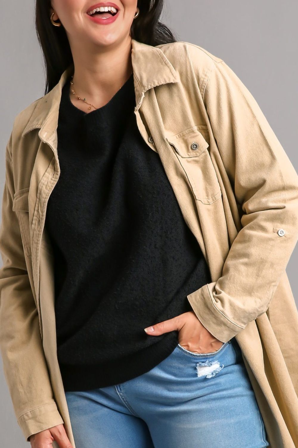 Umgee Full Size Round Neck Long Sleeve Sweater Plus Size-Very Besty