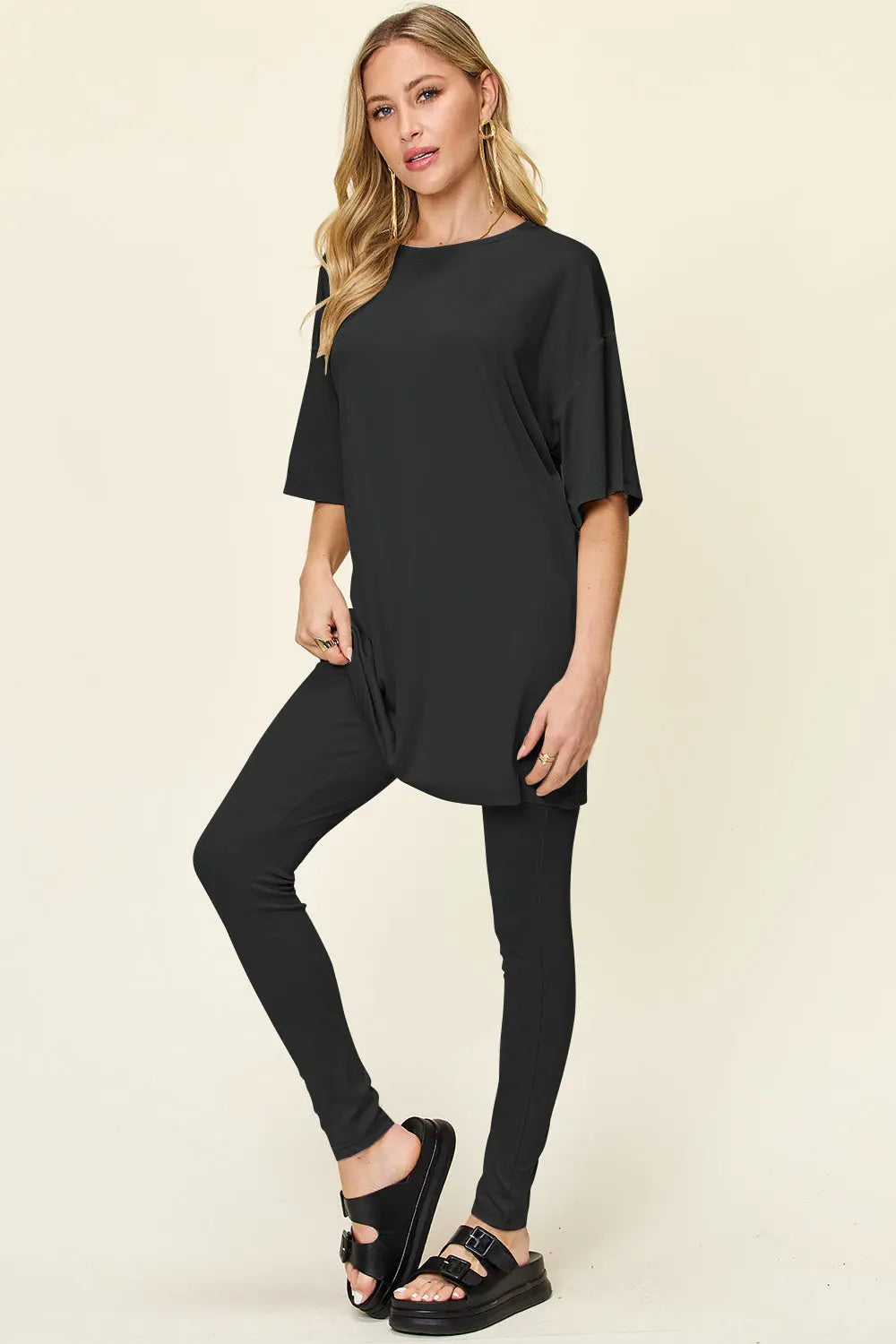 Double Take Full Size Round Neck Dropped Shoulder T-Shirt and Leggings Set-Very Besty