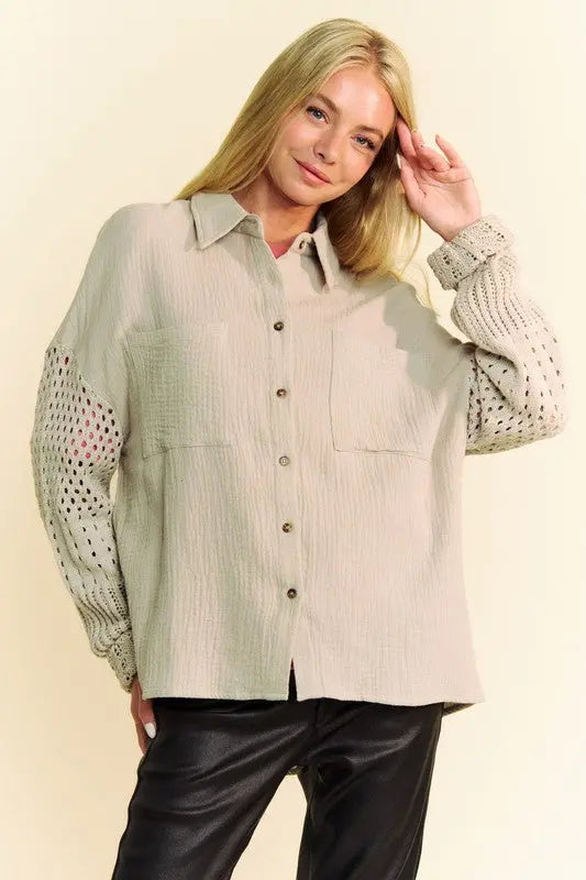 Davi & Dani Crochet Sleeve Crinkled Texture Shirt-Very Besty
