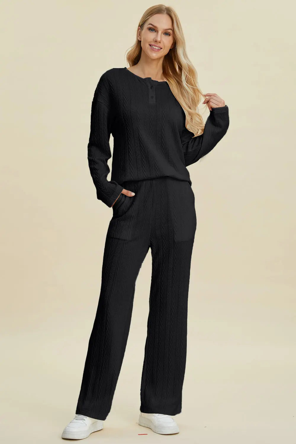 Double Take Full Size Cable-Knit Long Sleeve Top and Pants Set-Very Besty