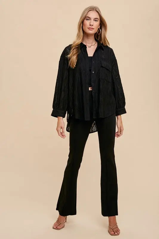 Annie Wear Openwork Button Down Drop Shoulder Shirt-Very Besty