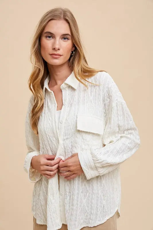 Annie Wear Openwork Button Down Drop Shoulder Shirt-Very Besty