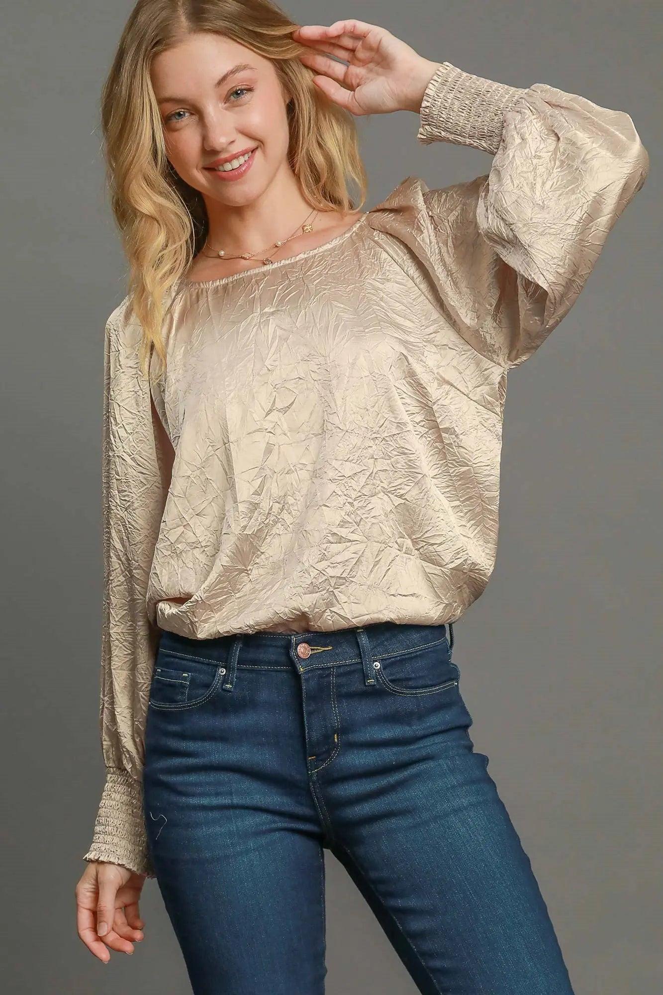 Umgee Wrinkled Round Neck Lantern Sleeve Blouse-Very Besty