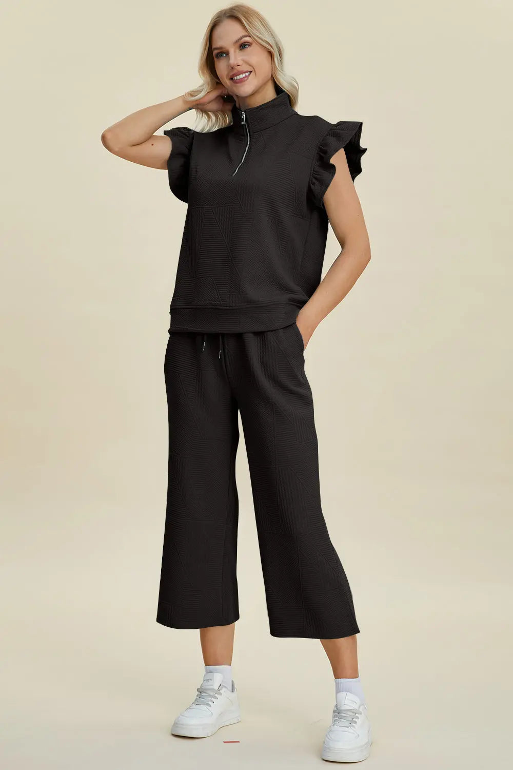 Double Take Full Size Texture Ruffle Short Sleeve Top and Wide Leg Pants Set-Very Besty